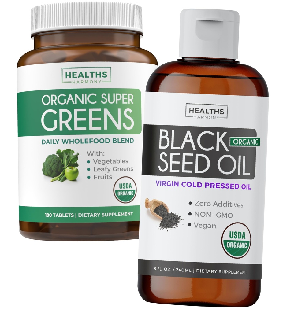 Super Greens & Black Seed Oil (3-Month di alimentazione) Miscela di olio di erbe Bundle di Super Greends Organic - Superfood completo (180 capsule) & Organic Black Seed Oil Liquid - Pressato a freddo (8 fl oz)
