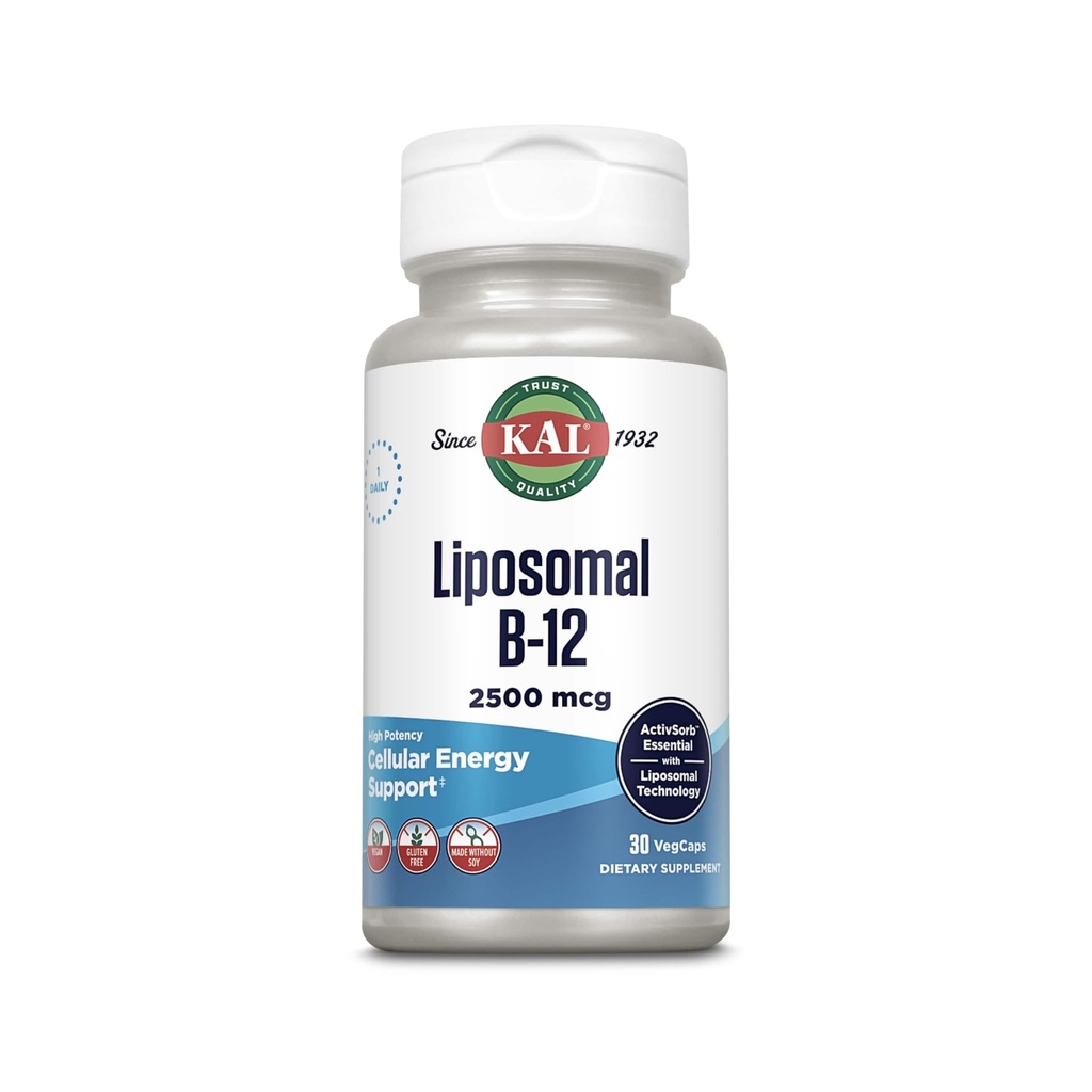 KAL Liposomal Vitamina B12 2500 mcg, Alta Assorbimento, Tecnologia Liposomica, Supporto per l'energia cellulare, Capsule vegani, Senza glutine, Fatto Senza Soia, 30 Serve