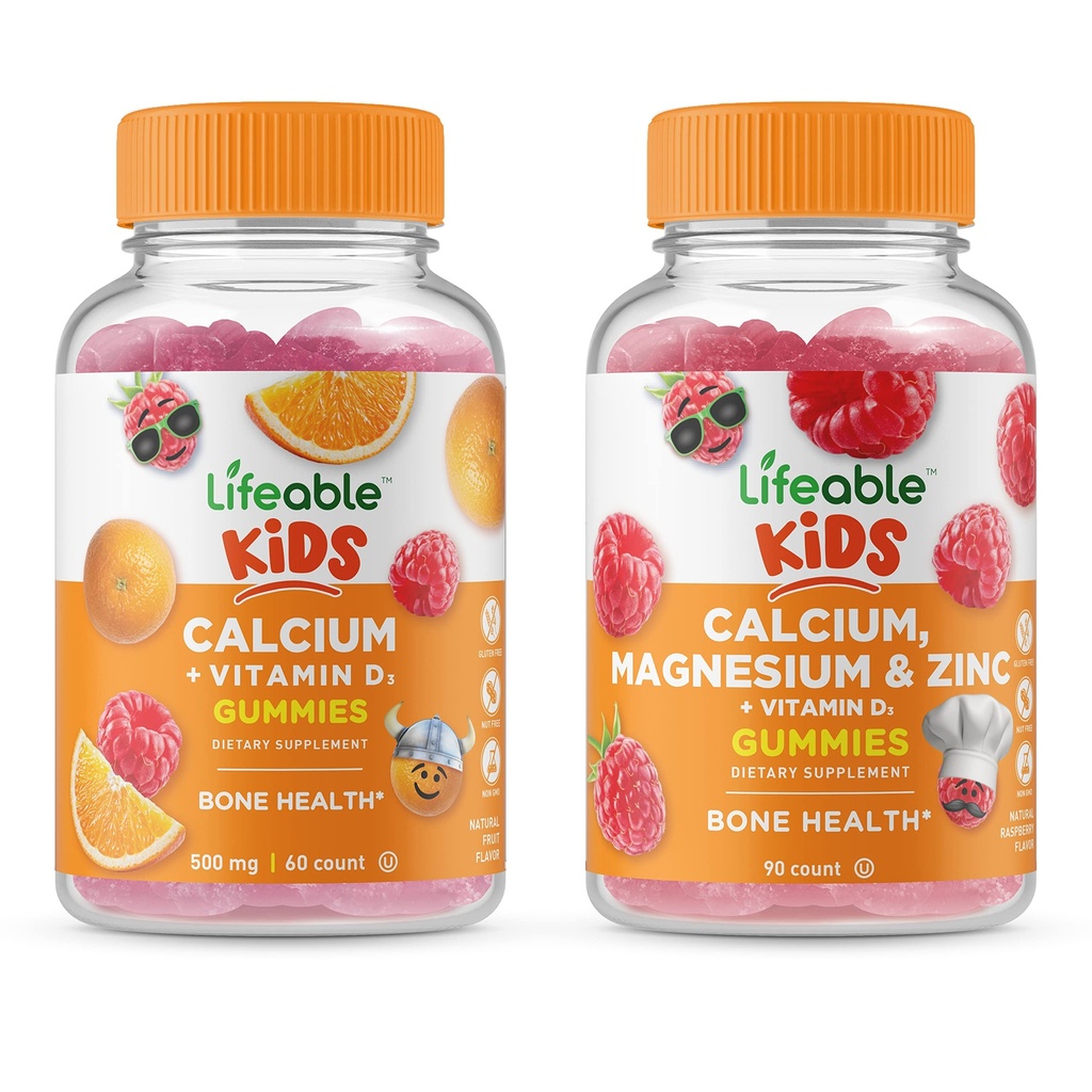 Calcio vitale con Vitamina D Bambini + Calcio Magnesio & Zinc Kids, Gummies Bundle - Grande Degustazione, Integratore di Vitamina, Senza Glutine, OGM Free, Gummy masticabile