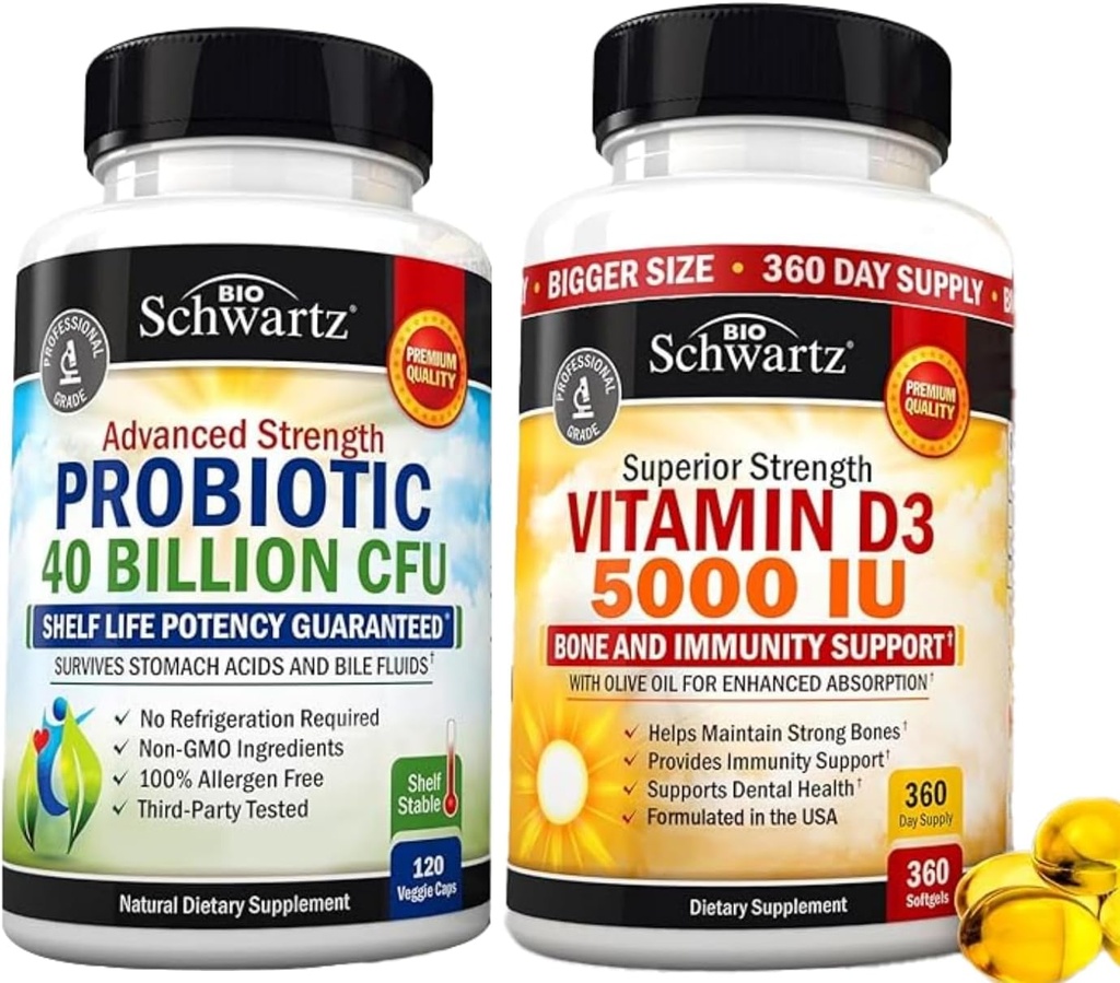 Vitamina D3 5000 IU 125 mcg (1 anno di fornitura) Plus 40 miliardi di CFU supplemento probiotico giornaliero (2 mesi di fornitura)