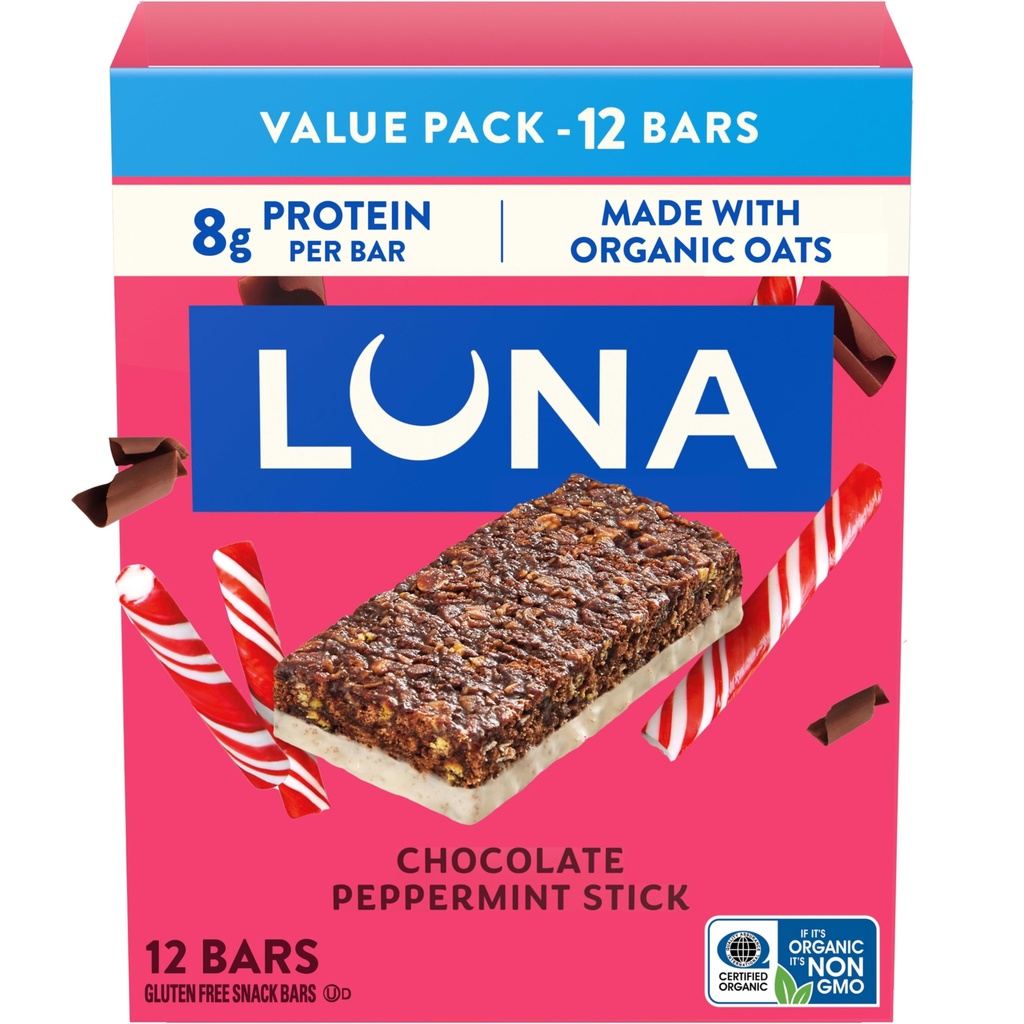 LUNA Bar - Chocolate Peppermint Stick Flavor - Snack Bars - Non OGM - Barre Proteine senza glutine - Realizzate con avena biologica (12 Pack)