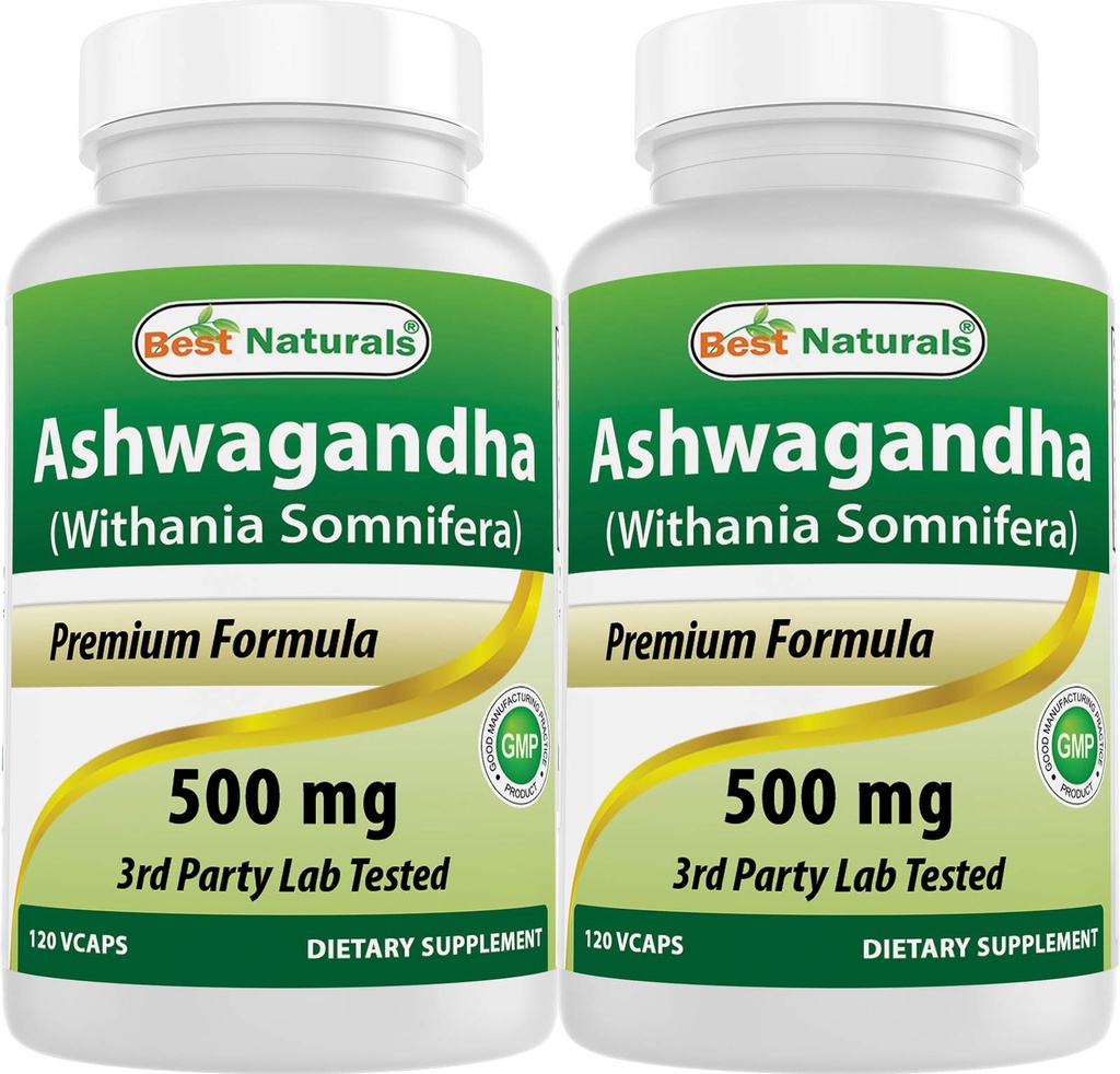 Best Naturals 2 Pack Ashwagandha Capsule per Rilassante Stress e Mood, 500 mg, 120 Conta (Totale 240 Capsule)