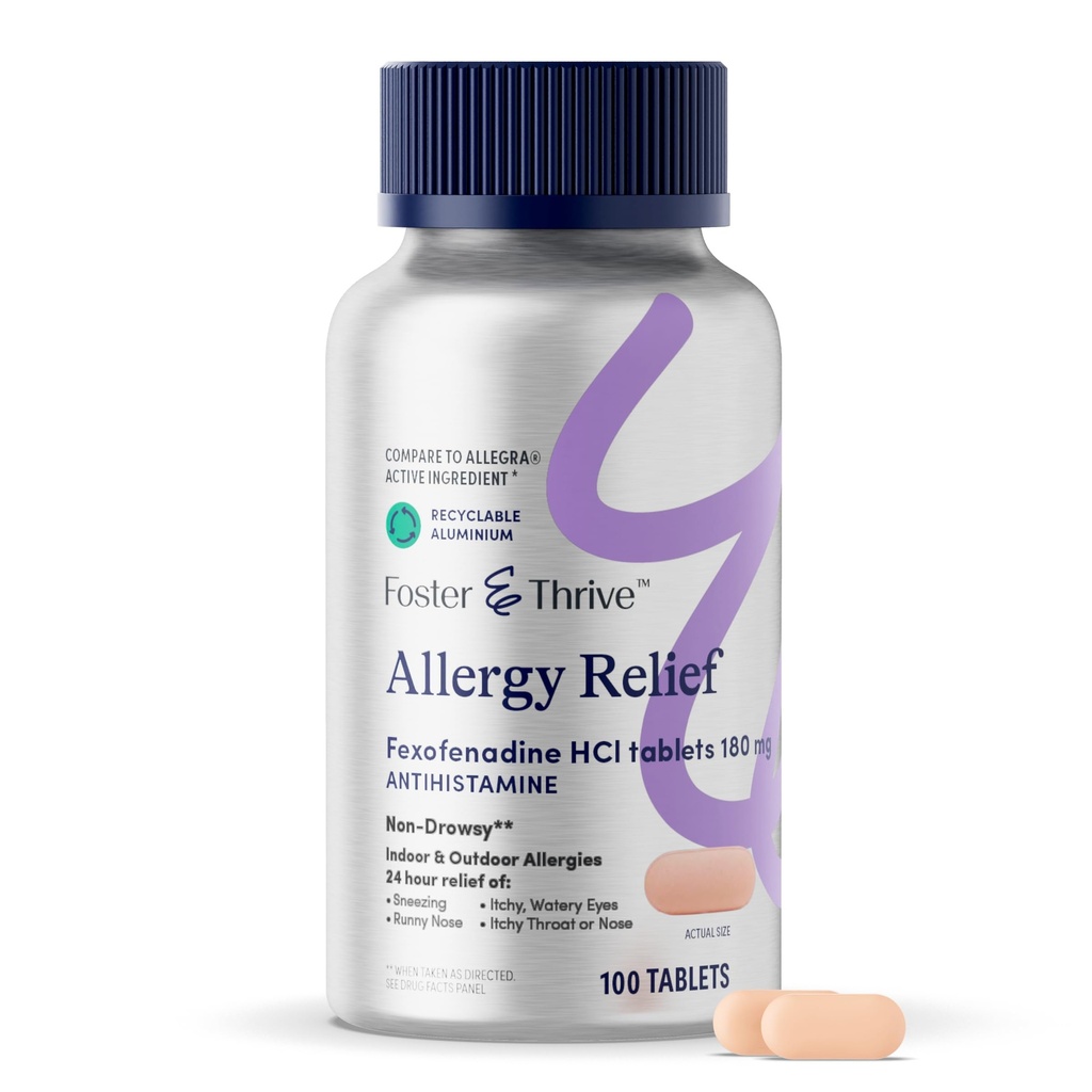 Foster & Thrive Fexofenadine HCl Non Drowsy Allergy Relief per Hay Fever, Pollen, Itchy Eyes, and Seasonal Allergies, Supporto efficace per bambini e adulti, 180 mg, 100 compresse
