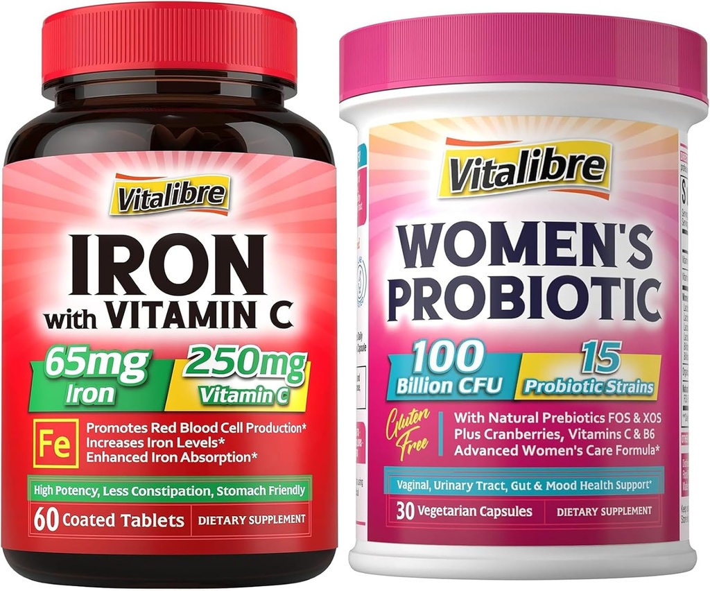 Ferro da stiro, 65 mg di ferro di carbonio con 250 mg di vitamina C + Vitalibre Probiotici delle donne 100 miliardi di CFU, 15 strati, w/Prebiotico, mirtillo, vitamina B6 & VC