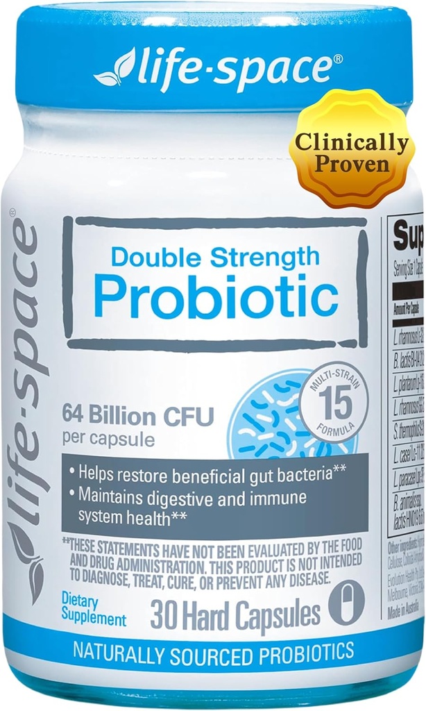 Life-Space Double Strength Broad Spectrum Probiotic, 64 miliardi di CFU & 15 Diverse Strains, Redouble formulato per la salute digestiva e la salute immunitaria, Probiotici per le donne & uomini - 30 capsule di veg