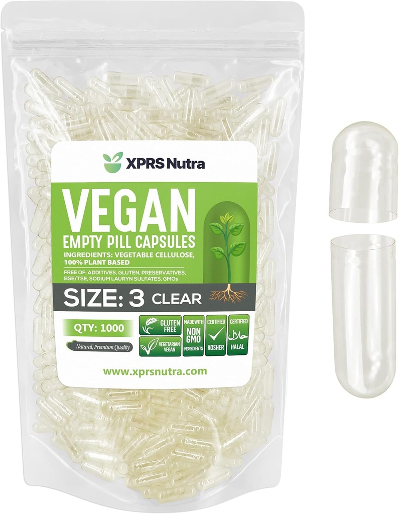 XPRS Nutra Size 3 capsule vuote - 1000 conteggio capsule vegane vuote - Pillole vegetariane - DIY capsula vegetale Riempimento - capsule di verdure