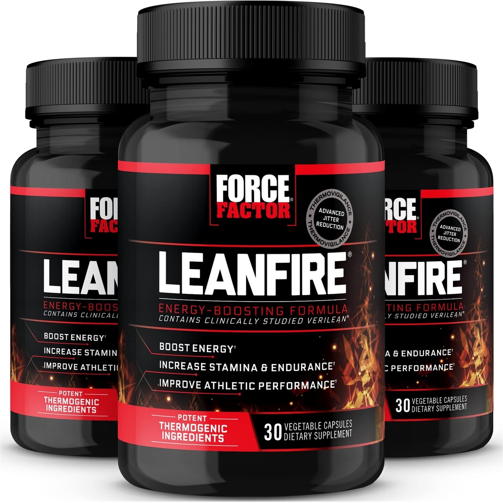 FORCE FACTOR LeanFire, 3-Pack, Pillole di energia pre allenamento con Estratto di tè verde e caffeina per aumentare l'energia, costruire il muscolo magro, migliorare le prestazioni atletiche, e migliorare la messa a fuoco, 90 capsule