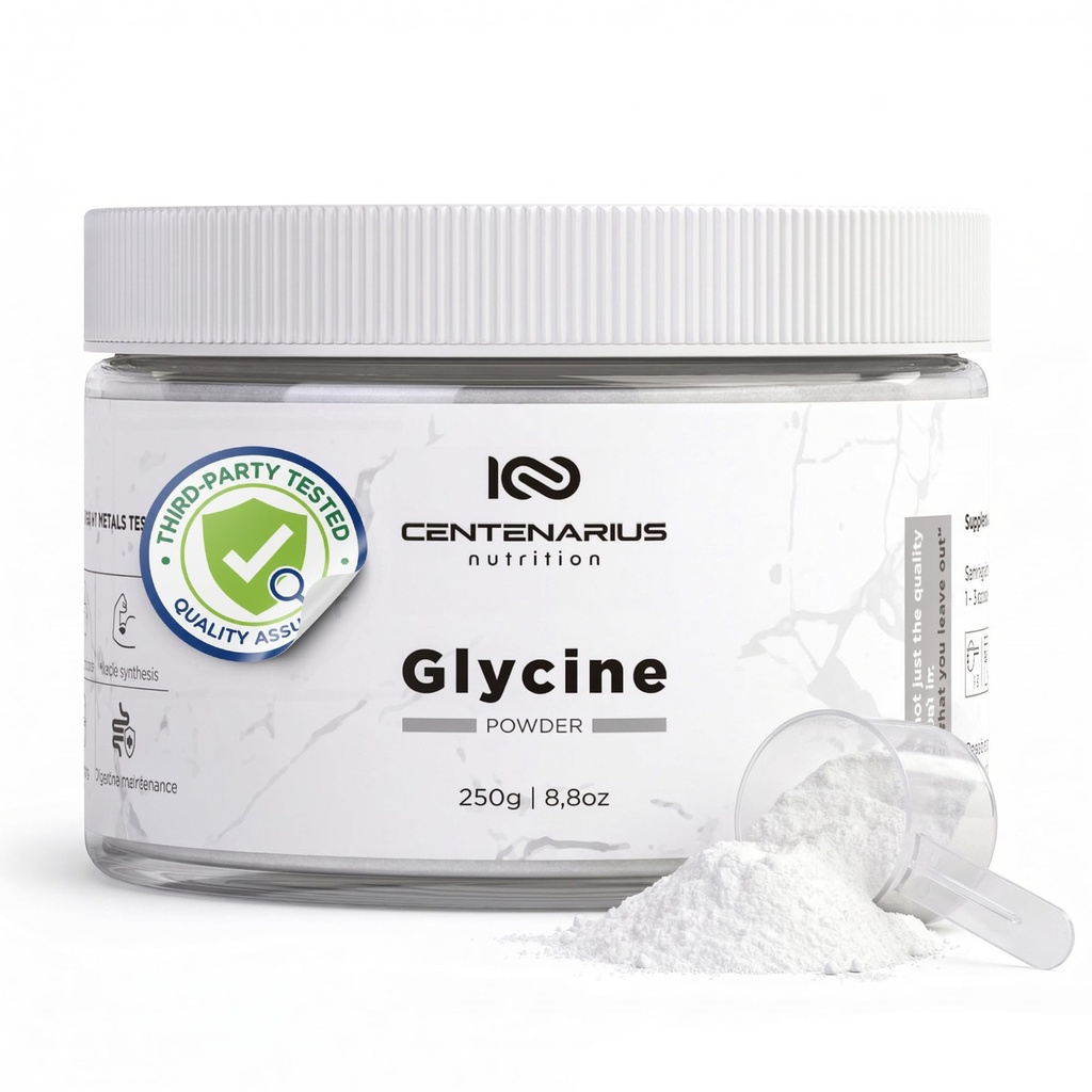 Polvere di glicina 250g | Aminoacidi non essenziali supplemento per il recupero del muscolo di allenamento post, digestione, aiuto del sonno + di più - Vegan, Additive-Free, Terze Parti Testata | Nutrizione di centenarius