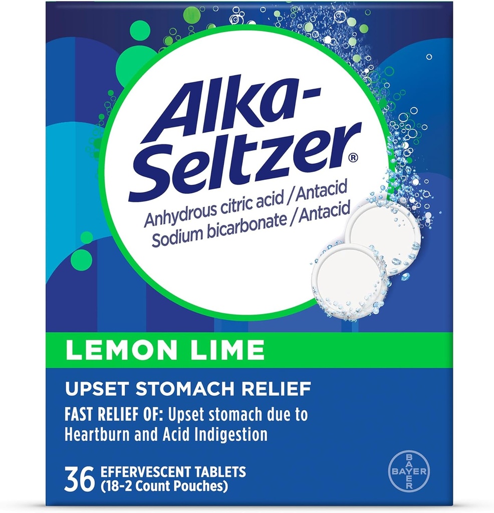 Alka-Seltzer Lime Lime Heartburn compresse di sollievo, Rilievo di indigestione dell'acido veloce, Antacido con Lime di limone Flavor 36 Ct