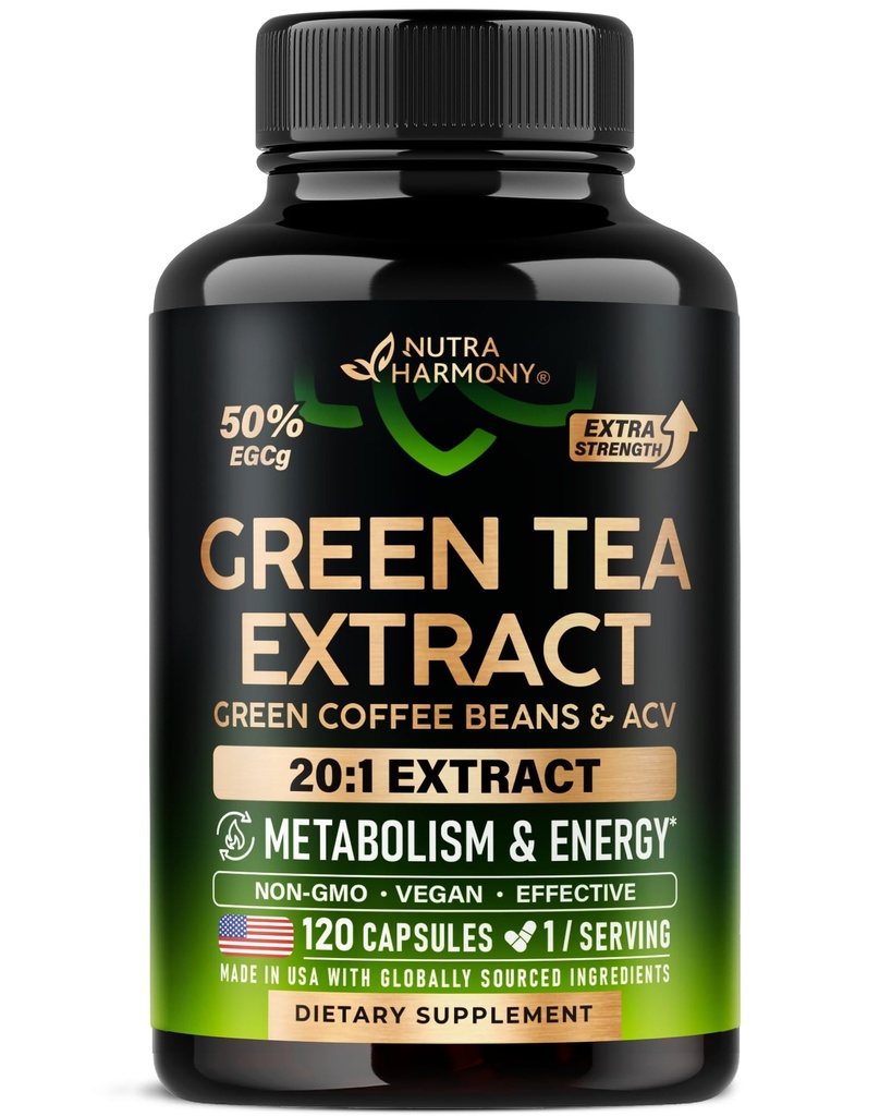 Estratto di tè verde capsule con chicchi di caffè verde e Aceto di sidro di mele - Supporto di energia e metabolismo - Supplemento di tè verde 50% EGCG - Estratto naturale 20:1 - per gli uomini e le donne - 120 capsule vegane