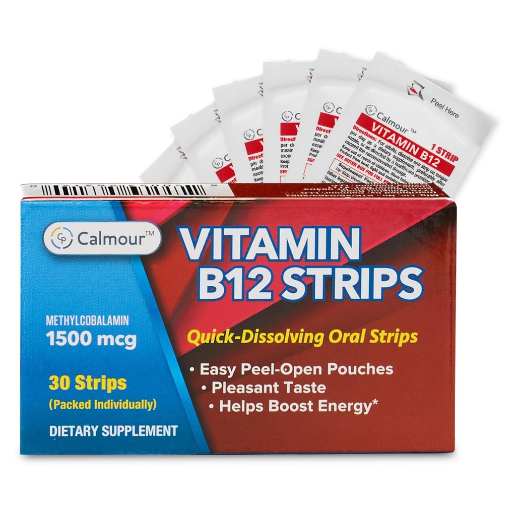 Vitamina B12 Strips 30 Pack | Strisce aromatizzate di menta facilmente dissolvibili orali | Strisce di 1500 mcg | VIT B12 Dissolvere sotto la lingua | Formula di vitamina B-12 Vitamina | Vegan Friendly & Gluten Free