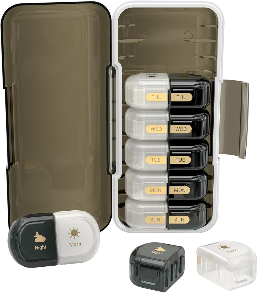 Organizzatore di pillole settimanali 2 volte al giorno, prova di umidità, scomparti staccabili, AM PM Pill Box 2X 7 giorno, organizzatore di Pill per Pills/Fish Oil/Medication/Vitamin/Supplements (nero + bianco)