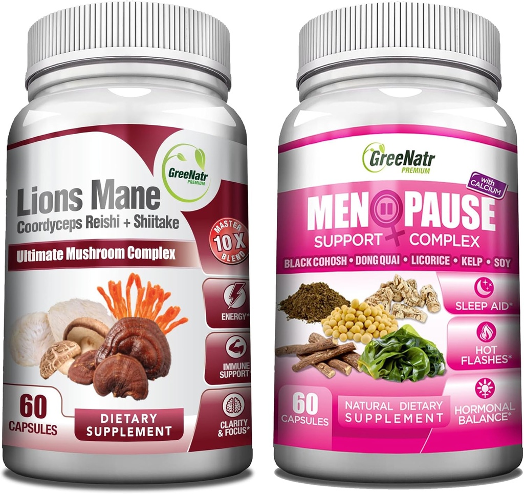 GreeNatr Energy Boost Plus Menopause Support Bundle: Il nostro supplemento di funghi fornisce un aumento dell'energia naturale, Promuovere la vitalità sostenuta + Herbal Menopause Complex per Flash caldi, Night Sweats