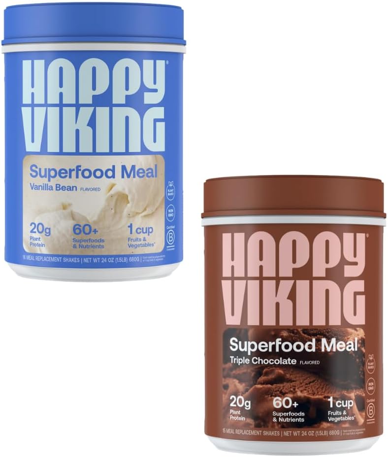 Happy Viking Vanilla e Chocolate Protein Powder, di Venus Williams, 20G Protein, Low Carb, Keto, Vegan, Gluten-Free, Superfoods, Complete Meal Sostituzione, 2 Canisters (24 oz. Ogni)