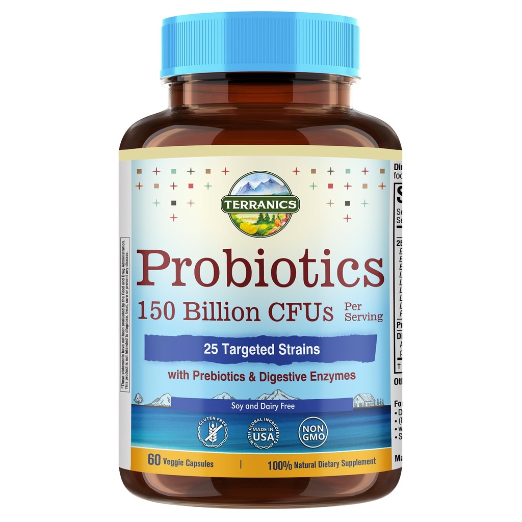Terranics Daily Probiotics for Men & Women, 150 Billion 25 Strains Colon Care Probiotics, con Prebiotics & Enzymes, Regolarità sana, rilascio ritardato, Shelf Stable, 60 Veggie Caps