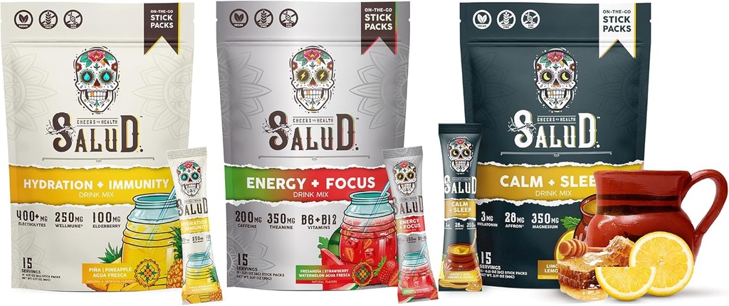 Salud Variety 3-Pack | 2-in-1 Hydration + Immunity (Pineapple), Energy + Focus (Strawberry Watermelon) & Calm + Sleep (Lemon Honey) – 15 Serve Ogni, Non-GMO, Gluten Free, Bassa Calorie, 1g di zucchero