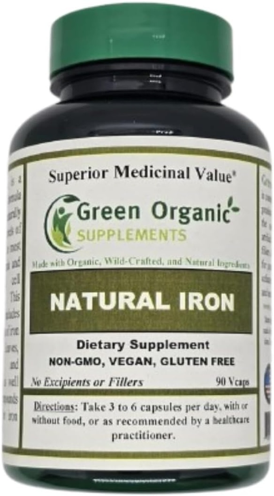 (Pack of 1) Green Organic Supplements' Iron, 2000mg Organic Iron Capsules, 90, Hand Made, Vegan, Non OGM, & Gluten Free Iron Capsules