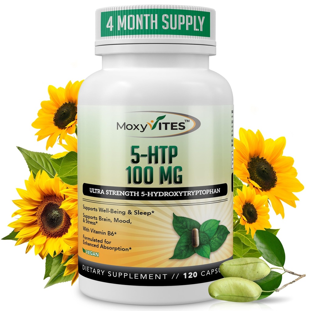 MoxyVites 5HTP 100mg supplemento, Plus B6, 5 HTP Organic Whole Food - Miglior Booster della serotonina - Non-GMO, 120 capsule vegan