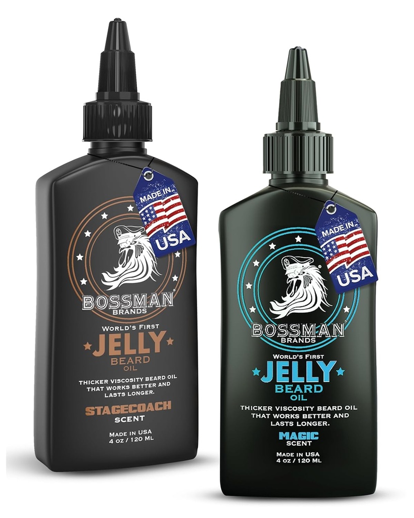 Bossman Jelly Beard olio per gli uomini Bundle | 2 Pack, 8 oz (Magic + Stagecoach Scents) | Softens, idrata e condizioni con ingredienti naturali – Made in USA