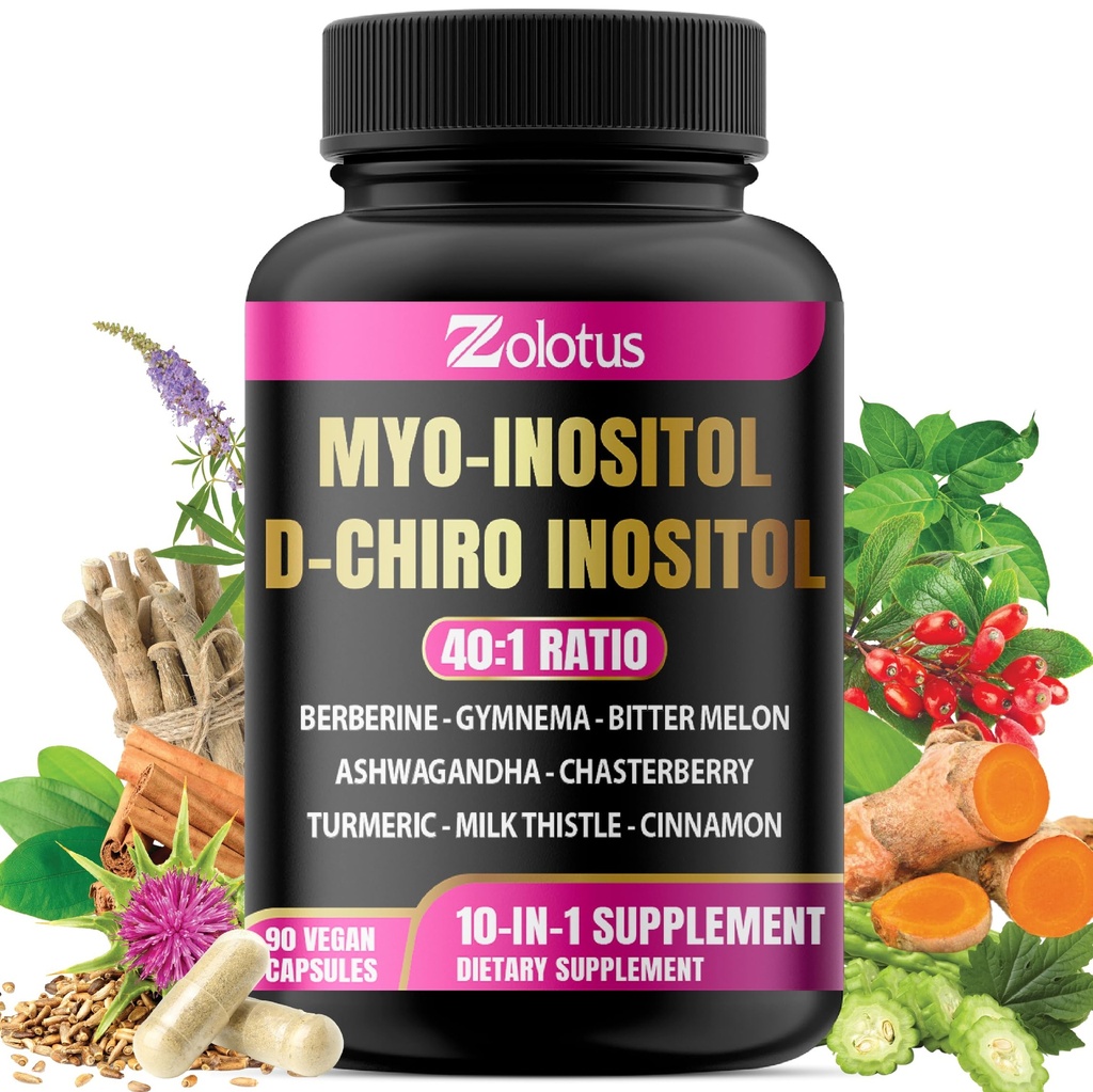 Zolotus Myo-Inositol & D-Chiro Inositol Ideal Ratio Integratore Inositol con Bitter Melon, Latte Thistle, Turmerico, Gymnema, Chasteberry, Ceylon Cinnamon, Ashwagandha, Berberina - 90 Capsule