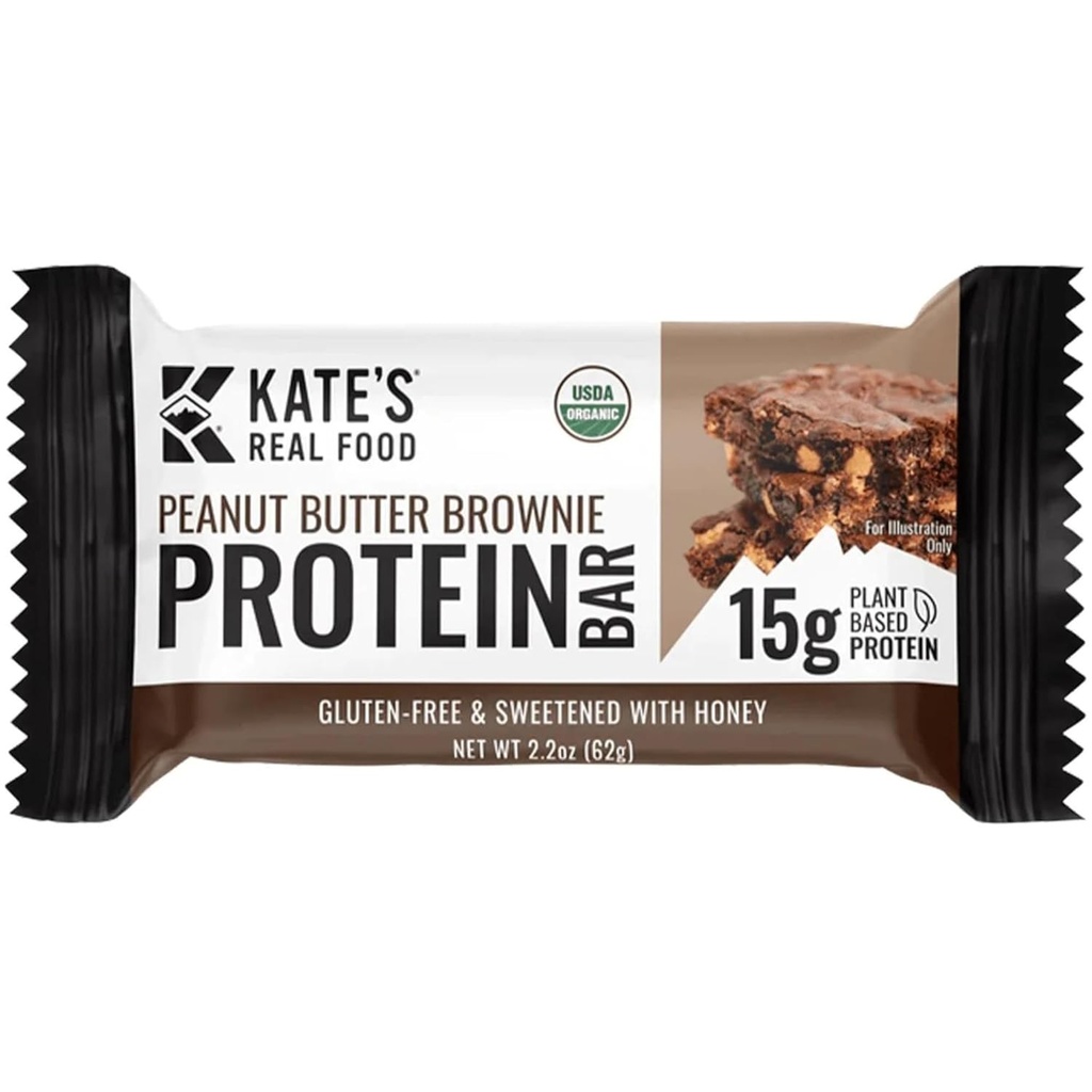 Kate's Real Food Organic Protein Bars – (Peanut Butter Brownie, 2.2 oz, Confezione da 12) – Barre proteiche a base vegetale - Gluten Free, Soy Free, Non OGM, cereali integrali e tutti naturali