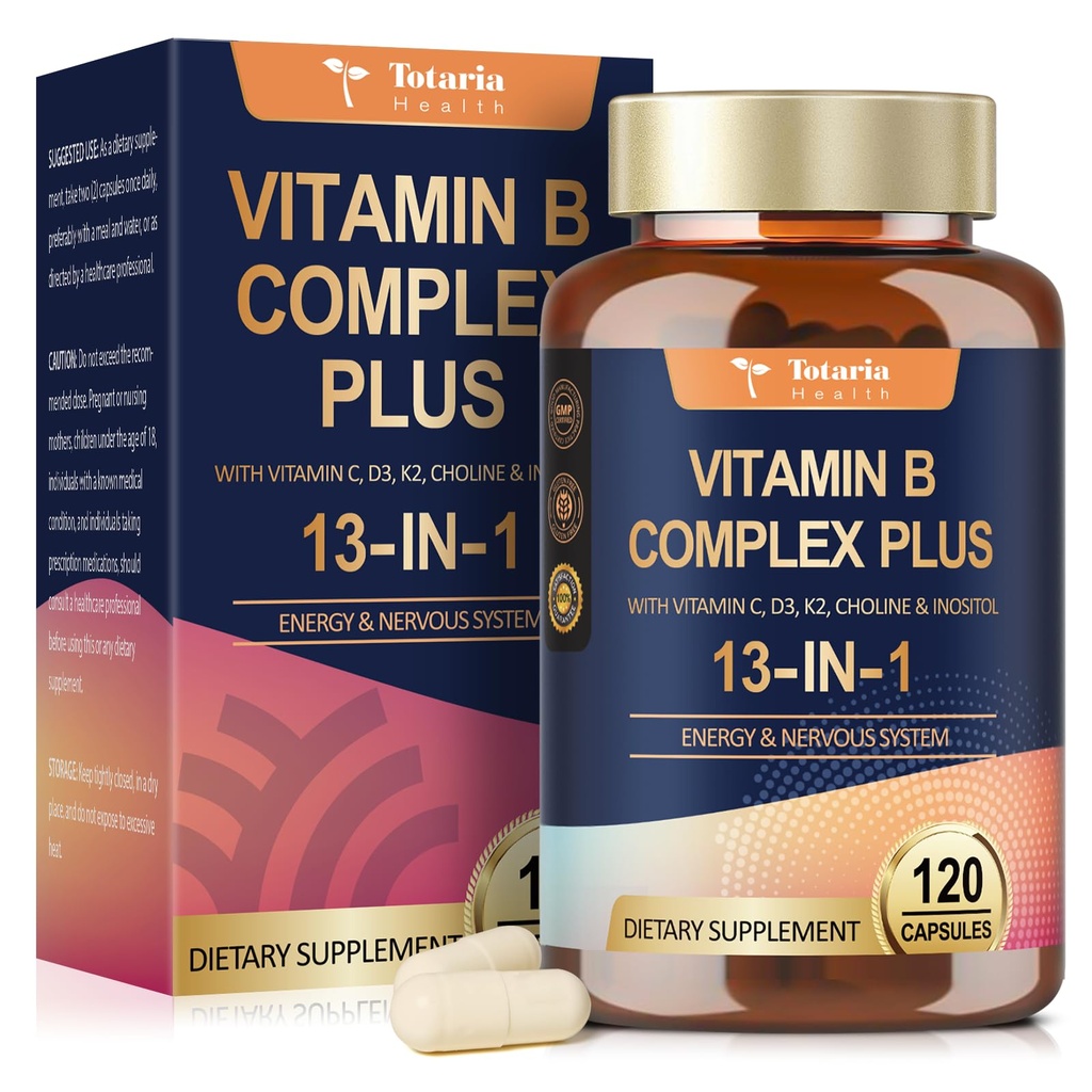 13-in-1 Vitamina B Complex Plus con Vitamina B1, B2, B3 (Niacinamide), B4, B5, B6, B7 (Biotina), B8 (Inositolo), B9 (Folato), B12, C, D3, K2 - Energia, Nerve, Immune, Supporto per la pelle - 120 capsule vegane