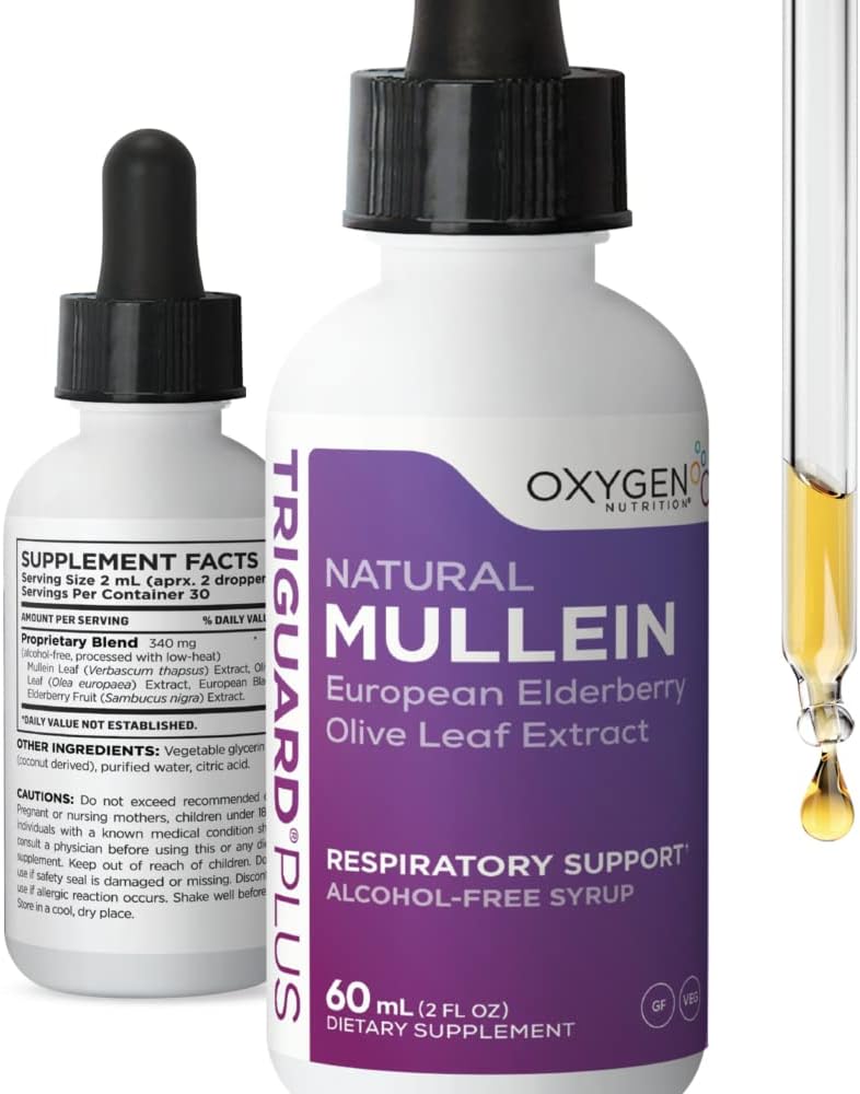 TriGuard MULLEIN Plus - Estratto di foglie di Mullein, Estratto di bacche di Elderberry & Olive Leaf Extract 2 fl oz | Supports Healthy Respiratory Function & Immune System | Alcohol-Free, Non-GMO, Tastes Great, Made in USA