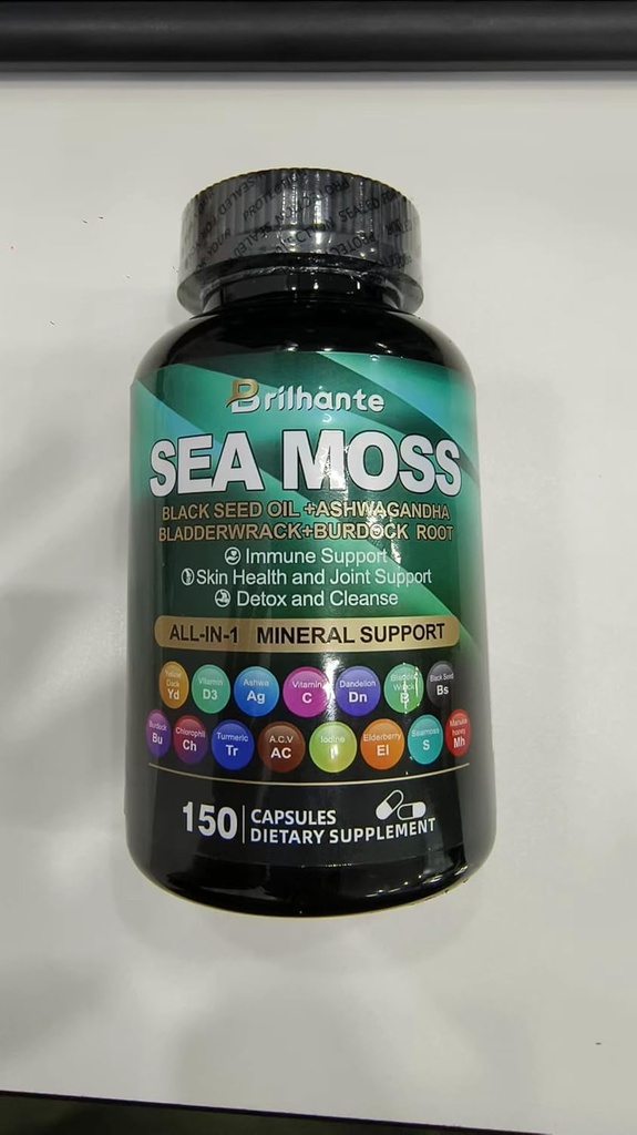 Sea Moss 27,850mg Ashwagandha 1000mg Olio Seme Nero 4000mg Ashwagandha Supplementi Vitamina C & D3 con Bladderwrack, Ginger, Burdock Root per Immune System-145 Capsule