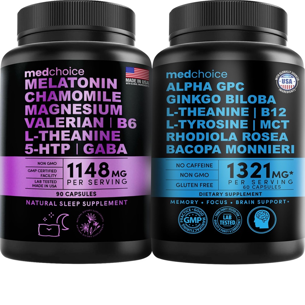 MEDCHOICE Dormire Melatonina (90ct) e cervello Nootropic (60ct) Supplemento Bundle - Benessere Duo per il sonno, cervello, messa a fuoco, & Mood Support - Vegan, Non OGM, Senza glutine