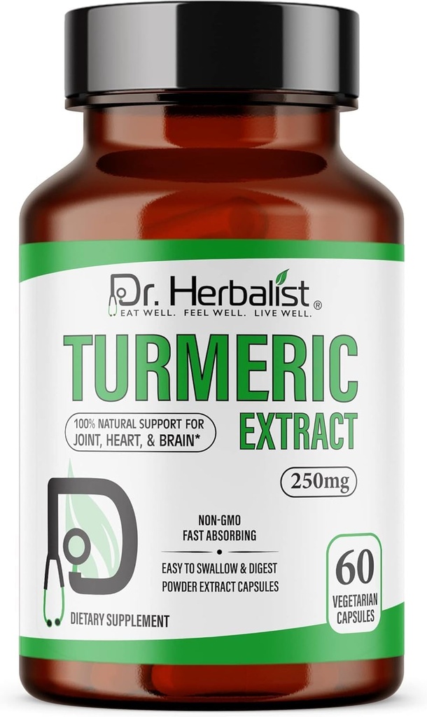 Dr. HERBALIST Curcumin Extract 250mg – 60 Vegan Capsule | 10:1 Extract = 2.500mg Raw Turmeric | Standardizzato per Biodisponibili Curcuminoidi | Supporto naturale per pianta