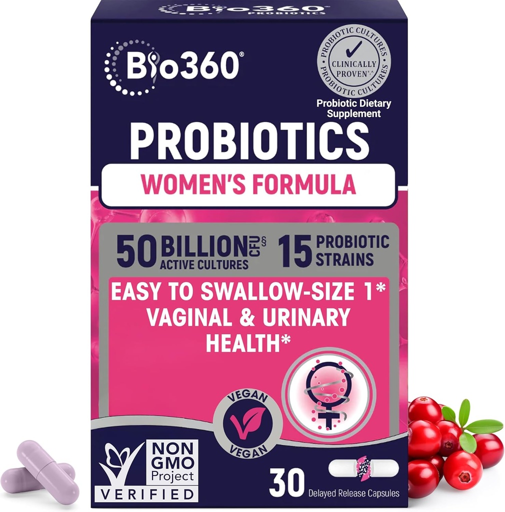 Bio360 Probiotici per la salute vaginale delle donne - Supporta l'equilibrio del pH, Vaginale, urinario e salute digestiva - 50 miliardi di CFU & 15 Strains unici per l'odore vaginale sano e flora vaginale - Shelf stabile