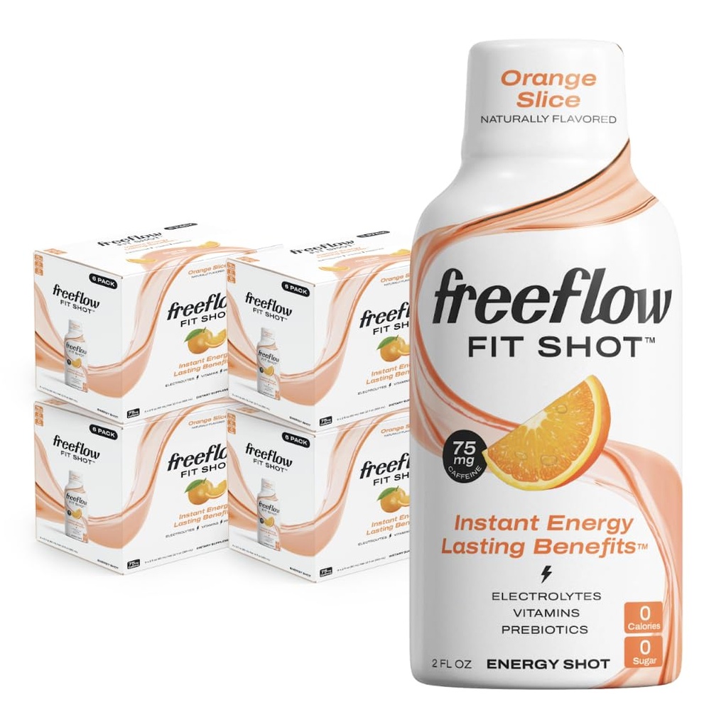 Freeflow Fit Energy Shots, Orange Slice, Natural Caffeine Boost con L-teanina, Ginseng, Vitamine, Prebiotici, Elettroliti (24 Conte, 2oz Shots)