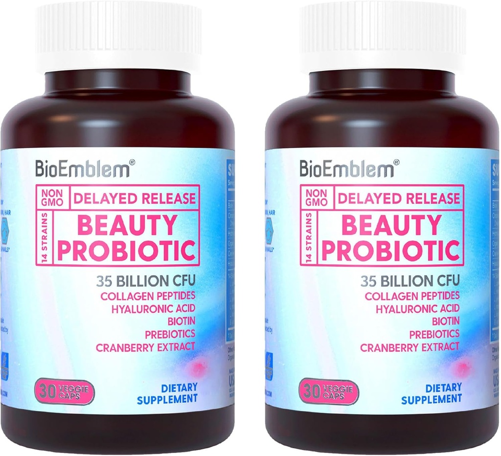BioEmblem Beauty Probiotics for Women, 35 miliardi di CFU 14 Strains with Biotin, Collagen, Prebiotics for Digestive Health, Hair Skin and Nails, Vaginal Probiotics Supplement, Shelf Stable, 60 Caps