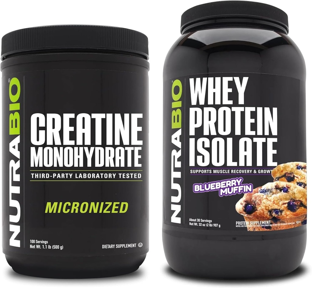 NutraBio Creatina monoidrato, non aromatizzato, 500g e Whey Protein Isolate, Muffin di mirtillo, supplemento Bundle - energia muscolare, crescita muscolare magra, recupero e resistenza