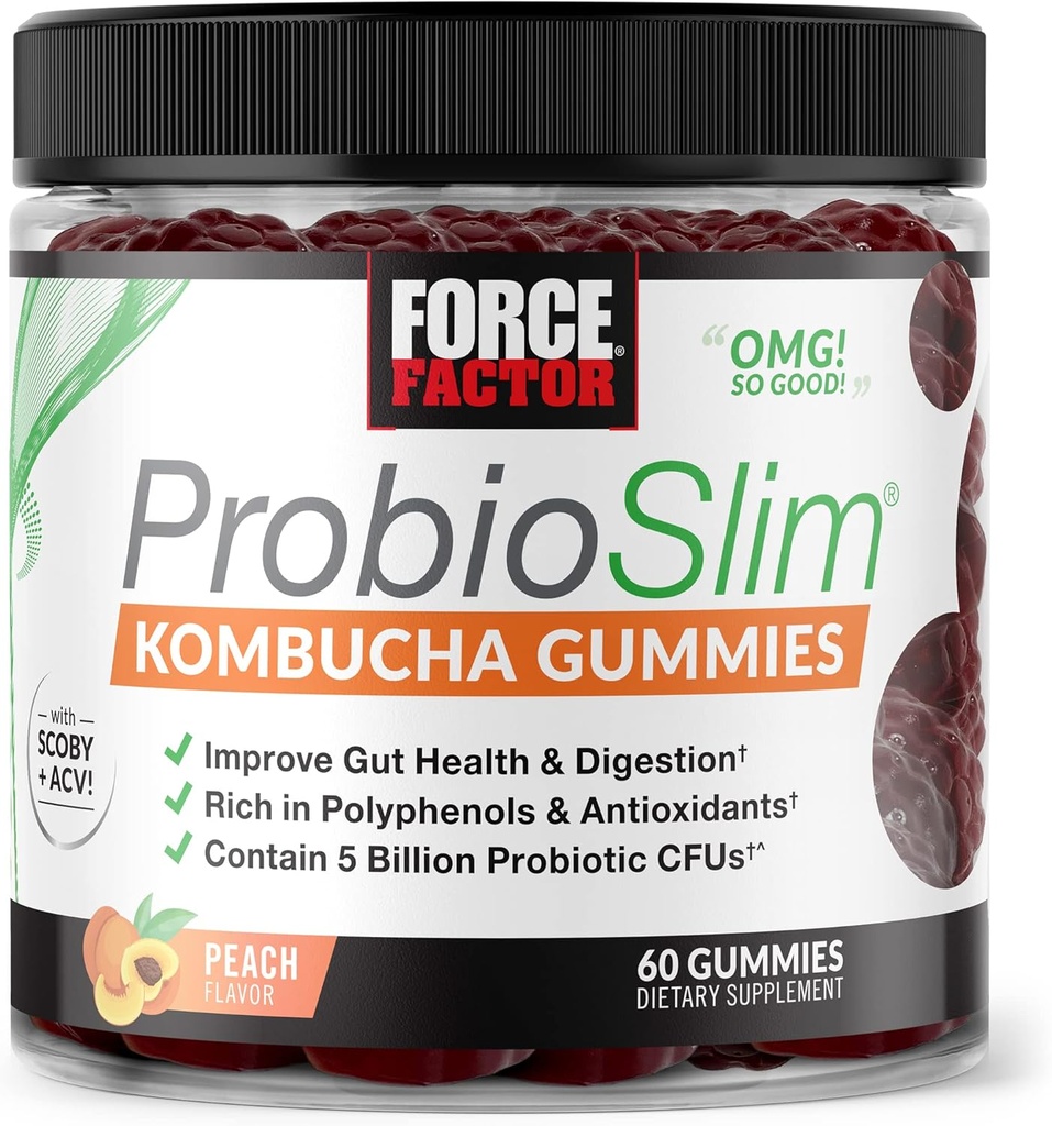 Fattore di Forza ProbioSlim Kombucha Gummies per la salute digestiva, Probiotici per le donne e probiotici per gli uomini Realizzati con 5 miliardi di CFU, Kombucha SCOBY Probiotic Gummies, Peach, 60 Gummies