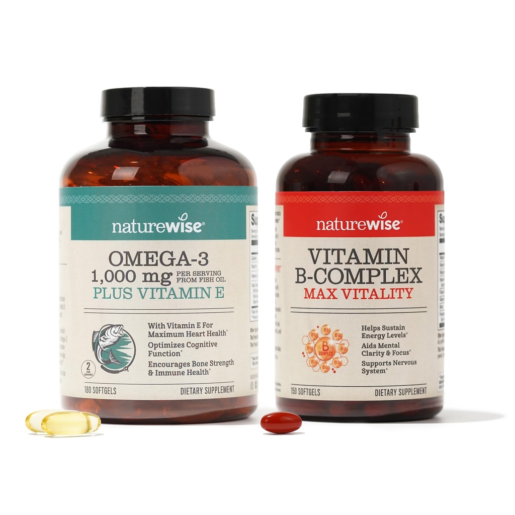 NatureWise 1000mg Omega 3 600mg EPA 400mg DHA con vitamina E 180ct & vitamina B complesso per le donne e gli uomini 150 Softgels[5-Month alimentazione]