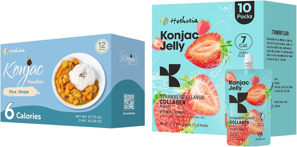 Hethstia Konjac Jelly Strawberry Flavor con collagene peptidi 10 pacchetti e Konjac Rice Gluten Libero 12 pacchetti Calorie basse, Keto, Zucchero libero, Cibo sano