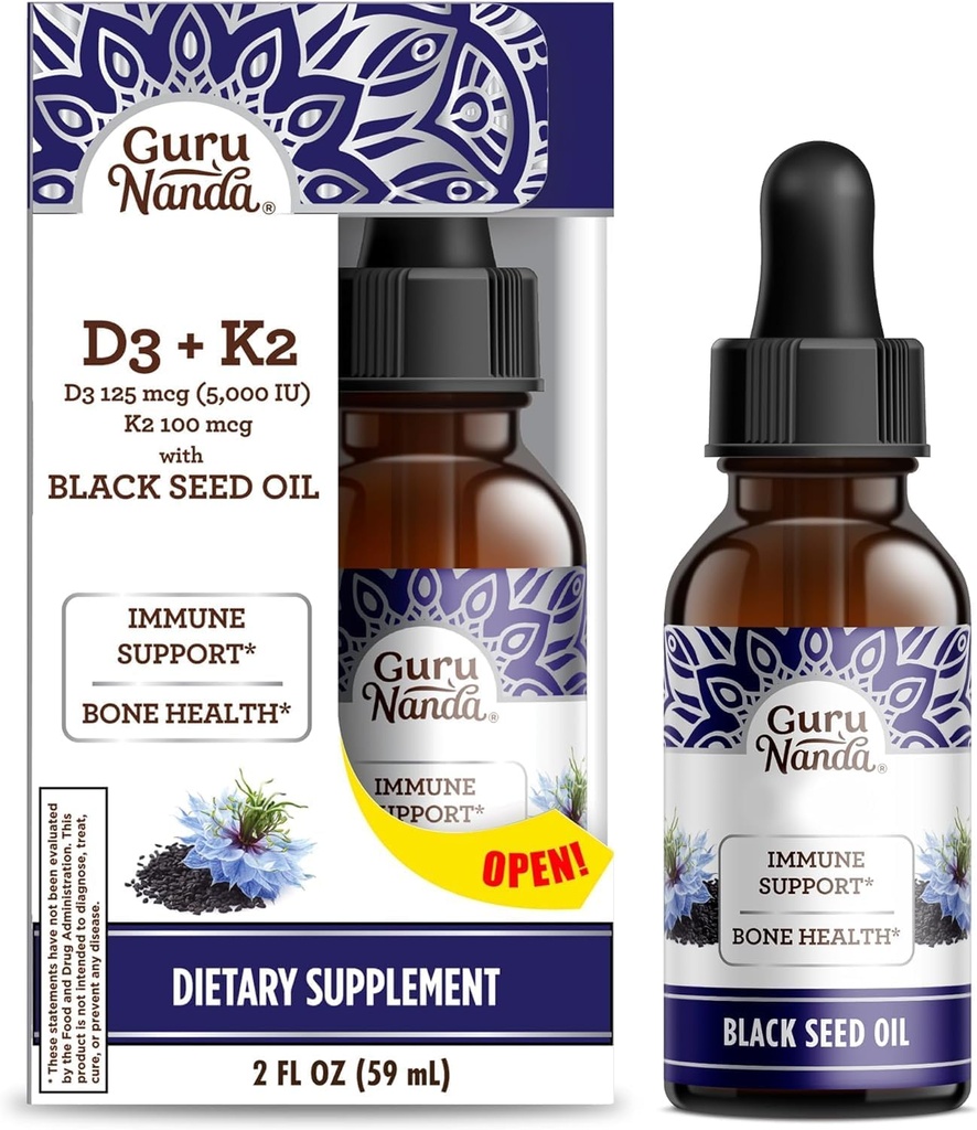 GuruNanda Wellness Bundle: Liquid Ashwagandha con Bacopa (1 Fl Oz) per Focus & Relaxation Support & Black Seed Oil (2 Fl Oz) con Vitamina D3, K2 & E per Immune Boosting - Vegan & Non OGM