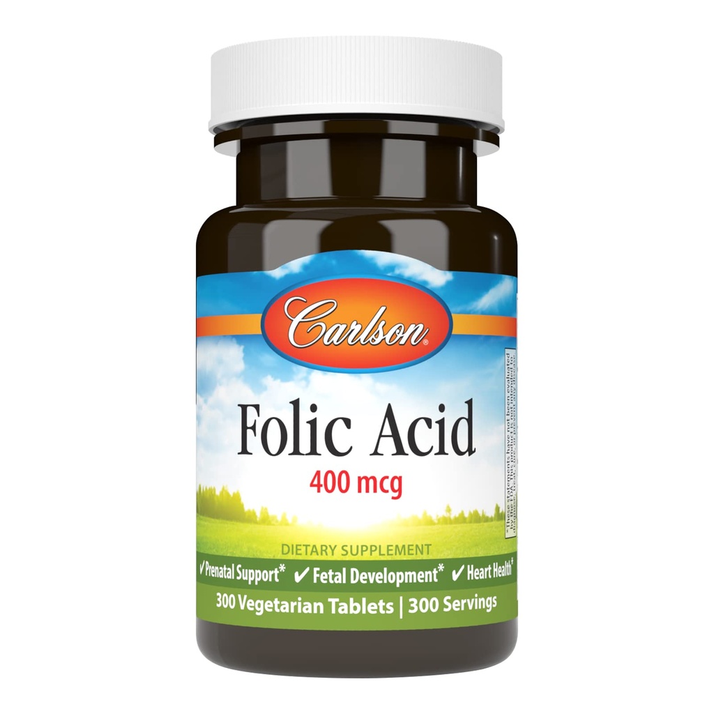 Carlson - Acido Folico, 400 mcg, Fornisce il supporto prenatale importante, lo sviluppo fetale, 300 compresse