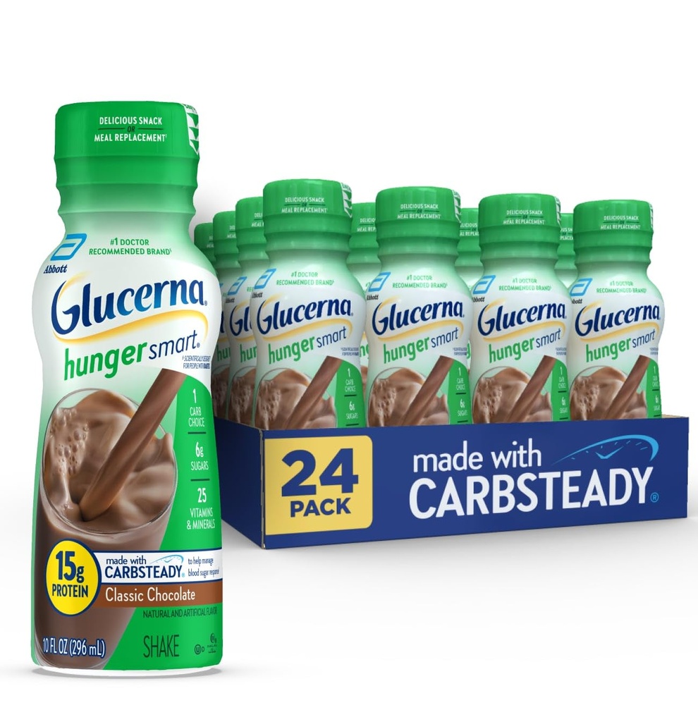 Glucerna Hunger Smart Diabetes Care Shake, Cioccolato classico, Sostituzione del meal diabetico per sostenere la gestione dello zucchero nel sangue, 15g Protein, 180 Calorie, Pronto per bere, Bottiglia da 10 fl-oz, 24 Pack