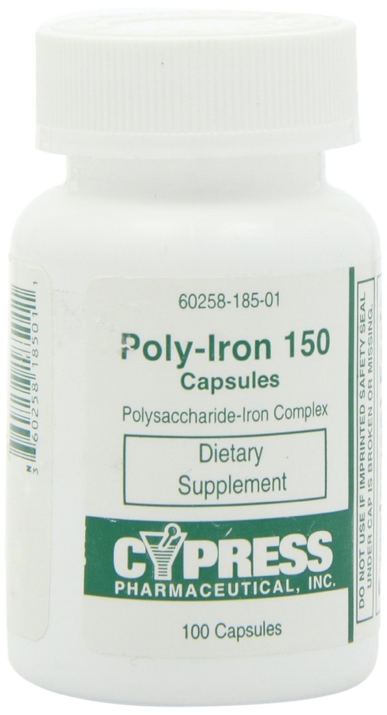 Integratore alimentare - Poly Iron Capsule 150 mg (100 tappi per bottiglia) di Cypress Pharmaceutical #185-01 (2 Bottiglie di 100 Caps)