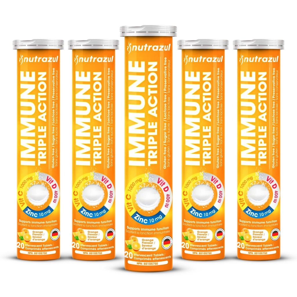 nutrazul Immune Triple Action Effervescenti Compresse con vitamina C 1000mg, Vitamina D, Zinco, Support Daily Routine, Gluten-Free, Sugar-Free, Lactose-Free, Arancione Flavor, 20 compresse (Pack of 5x20)