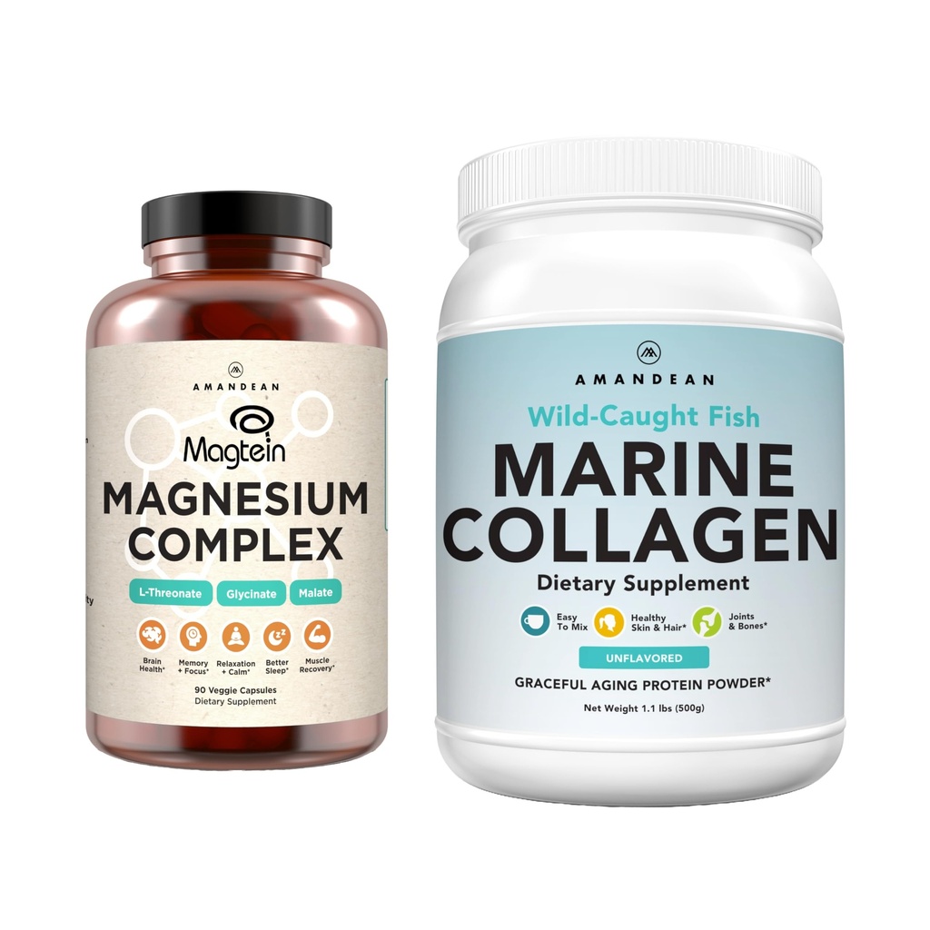 AMANDEAN Premium Magnesium Complex & Marine Collagen Bundle. Alto assorbimento di magnesio Threonate, Glycinate & Malate. Proteina di collagene di pesce idrolizzato selvatico. Supporto Qualità Sonno, Pelle & Mood