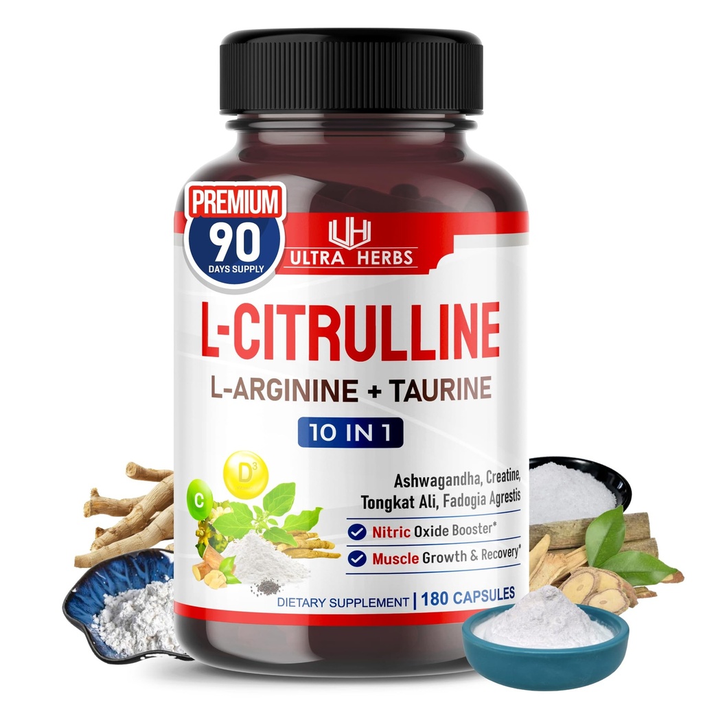 L-Citrulline Supplemento capsule arricchito con L-Arginina, Taurina, Creatina, Tongkat Ali, Fadogia Agrestis | Ultra Nitric Oxide Booster per la resistenza muscolare, Stamina & Recovery | 180 capsule