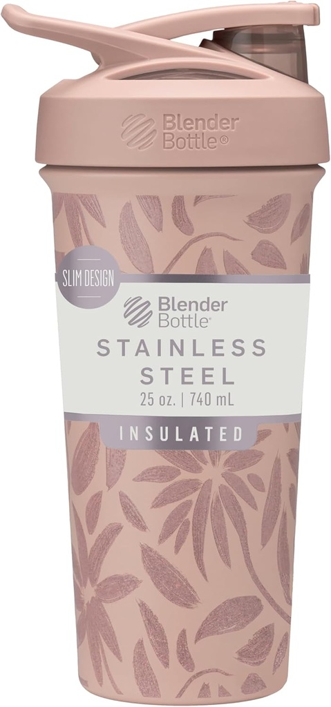 BlenderBottle Strada Flip Shaker Cup Bottiglia d'acqua isolata in acciaio inox con filo Whisk, 25 once, fiori marrone