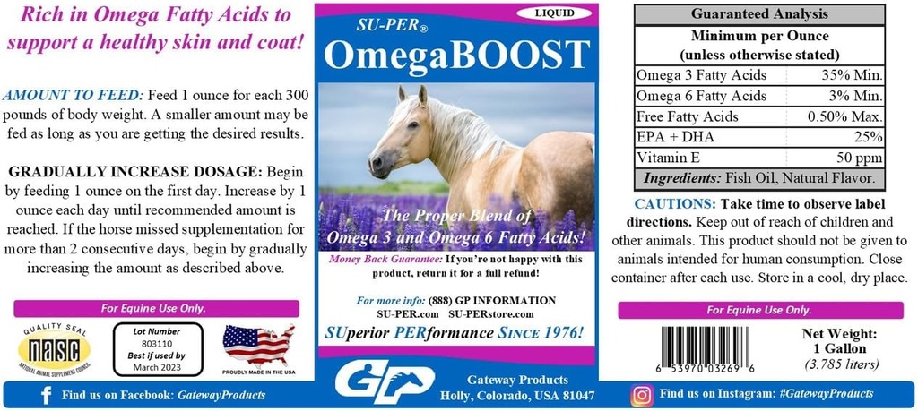 SU-PER OmegaBOOST Fish Oil per Cavalli - Supplemento Premium Omega 3 e Omega 6 acidi grassi - Supporta pelle sana & Coat - 1 gallina