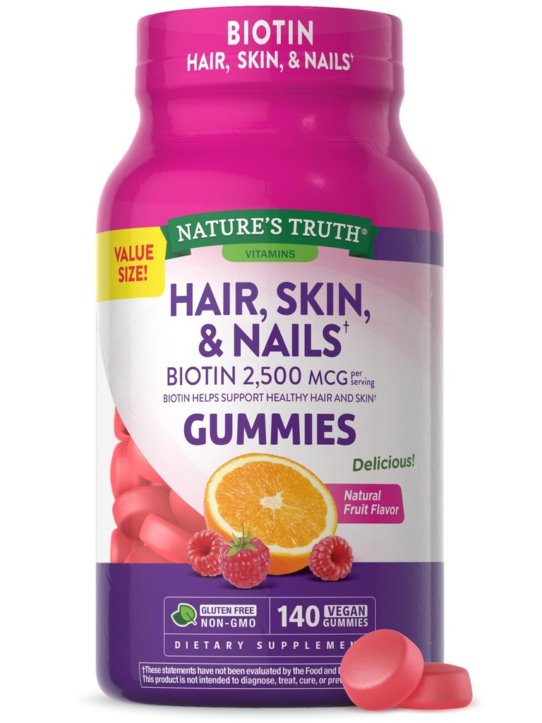 Capelli di Verità della Natura, Pelle e Gummies delle Unghie | con Biotin | 140 Conte | Frutta Sapore | Vegan, Non OGM e Vitamina senza Glutine per Uomini e Donne