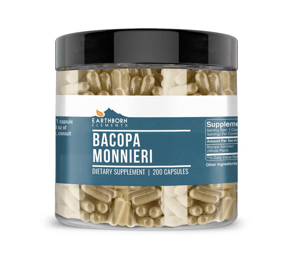Elementi terrestri Bacopa Monnieri 200 Capsule, Pure & Undiluted, Senza Additivi