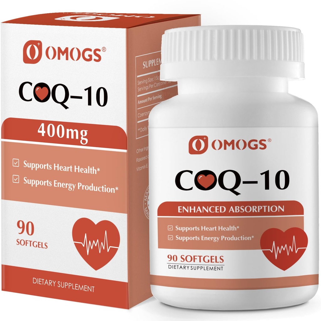 OMOGS CoQ10 400mg Softgels, Coenzyme Q10 Integratori ad alto assorbimento supportano la salute cardiaca, la salute cardiovascolare, il sistema immunitario e la produzione di energia cellulare, senza glutine, 90 Softgels