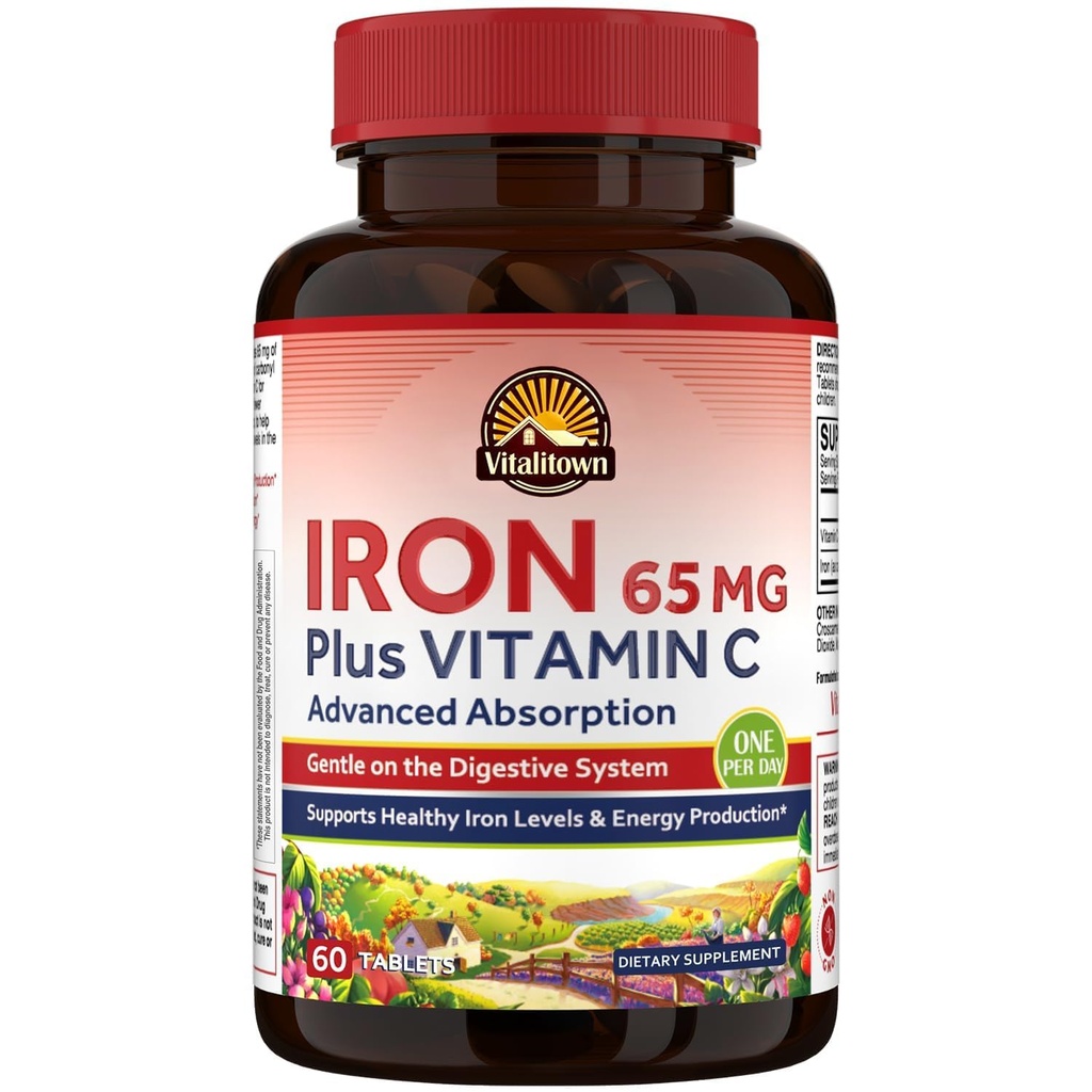 Vitalitown Iron Supplemento per gli uomini delle donne, Hign Potency 65mg Iron con vitamina C 250mg, Meno costipante, Meglio per la costruzione del sangue e il miglioramento dell'energia, No Gluten, Non OGM 60 Vegan Iron Pills